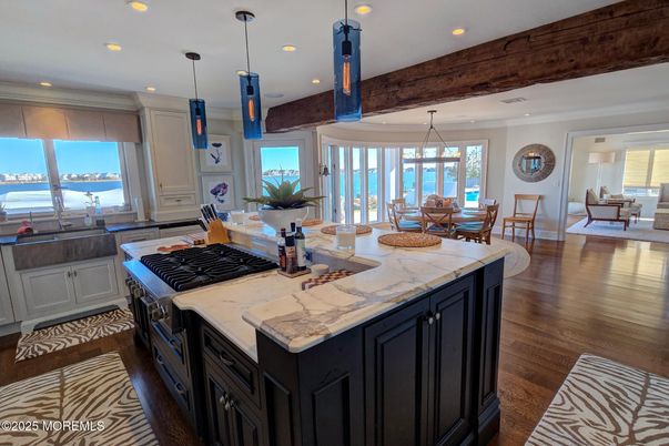 Dining room, Interior, Kitchen, Pendant Lights, Recessed Lighting, Water, Wooden Beams, Wood Texture Flooring