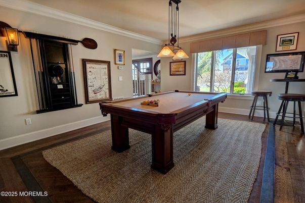 Billiard Table, Game Room, Interior, Pendant Lights, Wood Texture Flooring