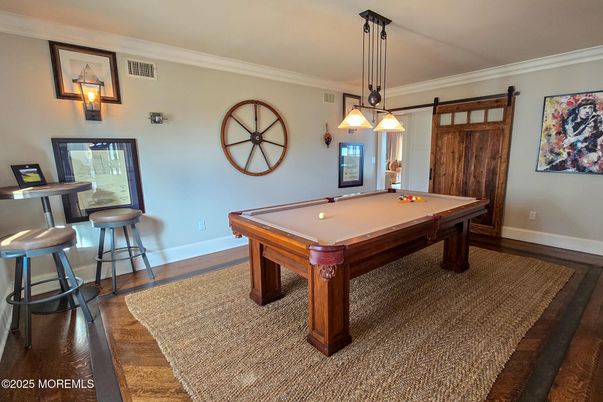 Billiard Table, Game Room, Interior, Pendant Lights, Wood Texture Flooring
