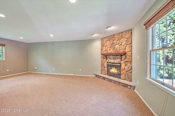 Empty room, Fireplace, Interior, Recessed Lighting, Stone Walls