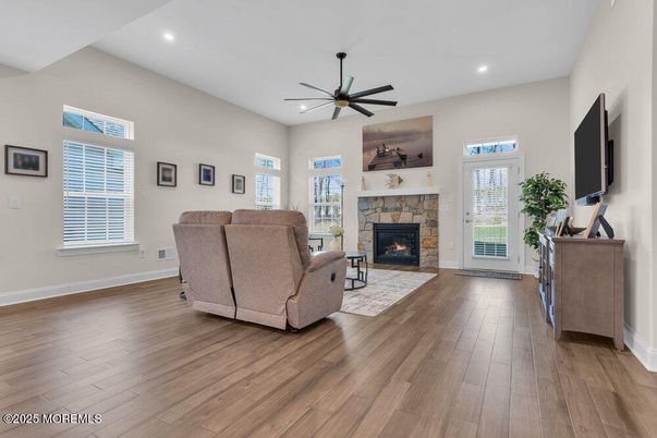 Fireplace, Interior, Living room, Recessed Lighting, Wood Texture Flooring