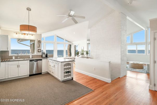 Interior, Kitchen, Pendant Lights, Recessed Lighting, Stainless Steel Appliances, Water, Wood Texture Flooring