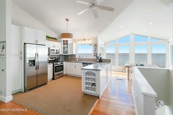 Interior, Kitchen, Pendant Lights, Recessed Lighting, Stainless Steel Appliances, Water, Wood Texture Flooring