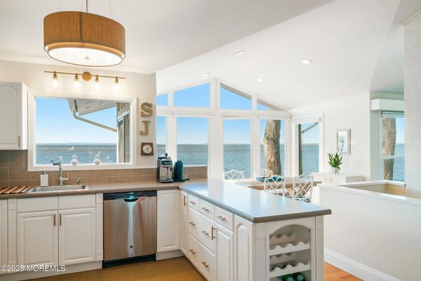 Interior, Kitchen, Recessed Lighting, Stainless Steel Appliances, Water, Wood Texture Flooring