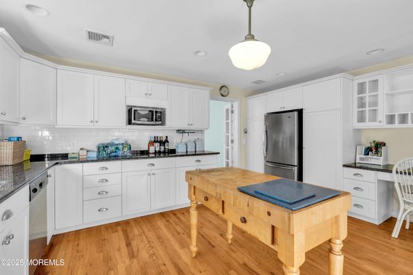 Interior, Kitchen, Pendant Lights, Recessed Lighting, Stainless Steel Appliances, Wood Texture Flooring