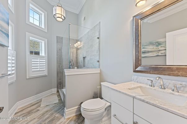 Bathroom, Glass Shower, Interior, Pendant Lights, Wood Texture Flooring