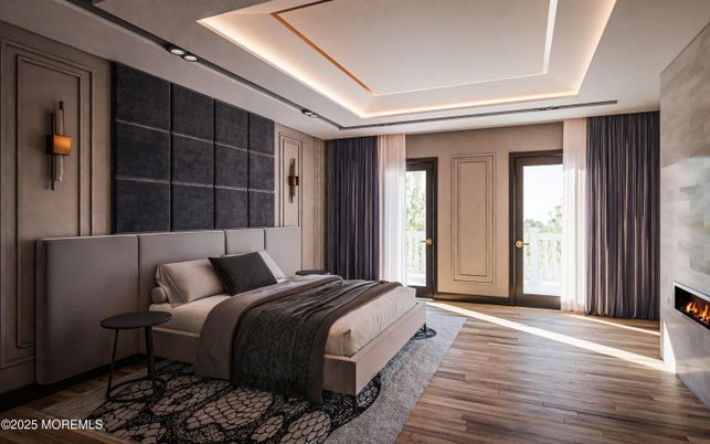 Bedroom, Fireplace, Interior, Recessed Lighting, Wood Texture Flooring