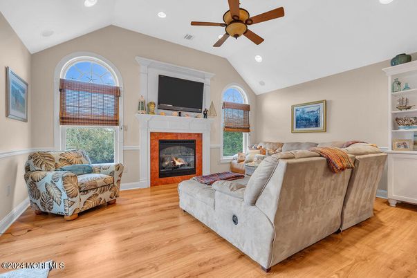Fireplace, Interior, Living room, Recessed Lighting, Wood Texture Flooring