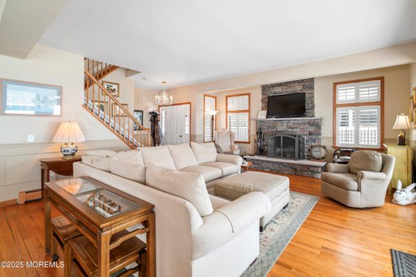 Chandelier, Dining room, Fireplace, Interior, Living room, Wood Texture Flooring
