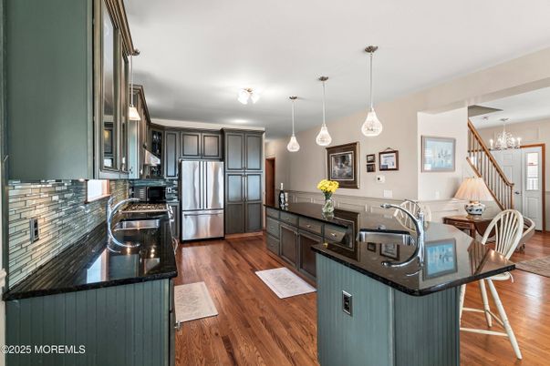 Chandelier, Interior, Kitchen, Pendant Lights, Stainless Steel Appliances, Wood Texture Flooring