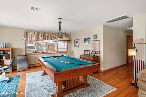 Billiard Table, Game Room, Interior, Pendant Lights, Wood Texture Flooring