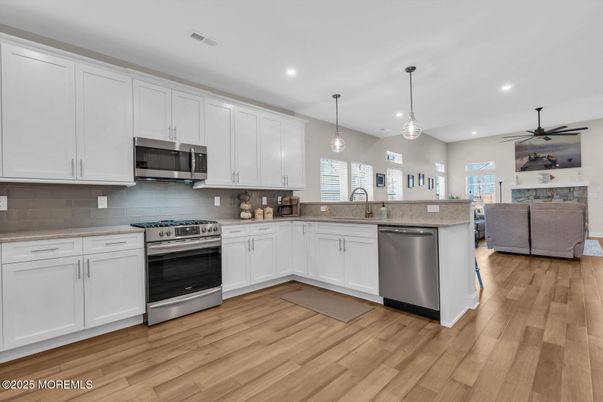 Interior, Kitchen, Pendant Lights, Recessed Lighting, Stainless Steel Appliances, Wood Texture Flooring