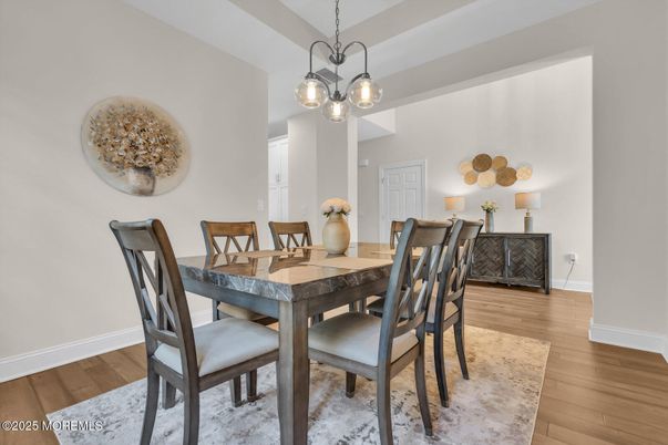 Dining room, Interior, Pendant Lights, Wood Texture Flooring