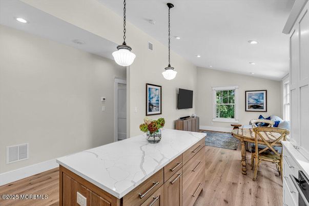 Dining room, Interior, Kitchen, Pendant Lights, Recessed Lighting, Wood Texture Flooring
