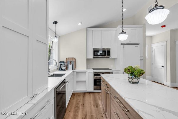 Interior, Kitchen, Pendant Lights, Recessed Lighting, Stainless Steel Appliances, Wood Texture Flooring