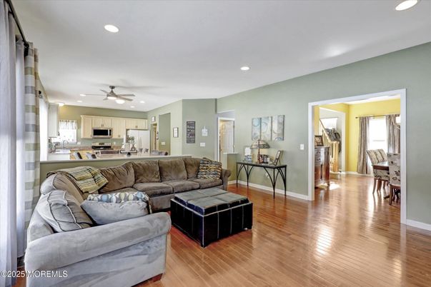 Interior, Kitchen, Living room, Recessed Lighting, Stainless Steel Appliances, Wood Texture Flooring