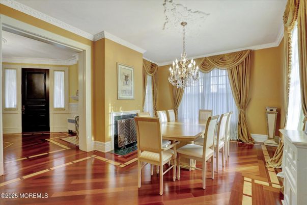 Chandelier, Dining room, Interior, Wood Texture Flooring
