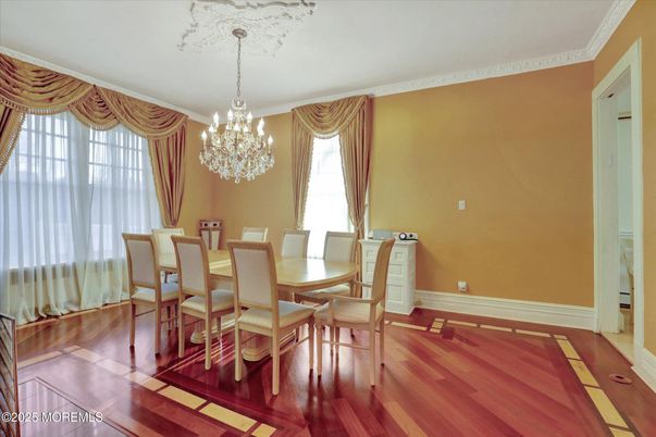 Chandelier, Dining room, Interior, Wood Texture Flooring