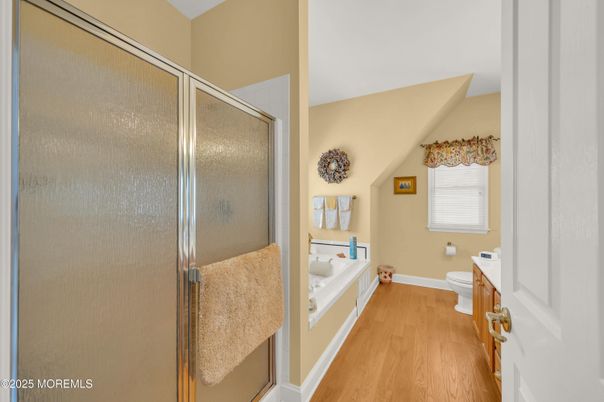 Bathroom, Glass Shower, Interior, Wood Texture Flooring