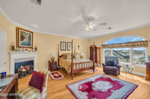 Bedroom, Fireplace, Interior, Recessed Lighting, Wood Texture Flooring