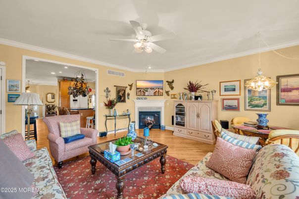 Fireplace, Interior, Kitchen, Living room, Pendant Lights, Recessed Lighting, Wood Texture Flooring