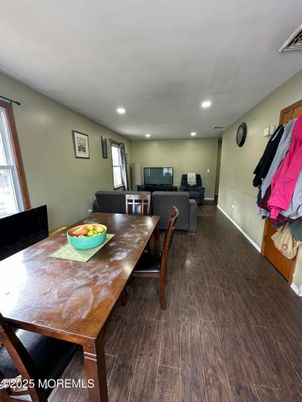 Dining room, Interior, Living room, Recessed Lighting, Wood Texture Flooring