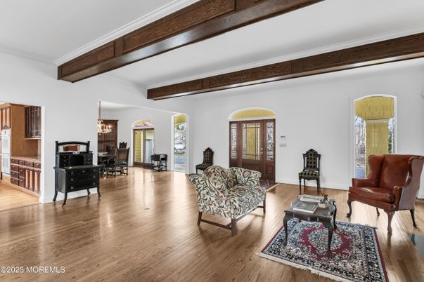 Interior, Living room, Pendant Lights, Wooden Beams, Wood Texture Flooring