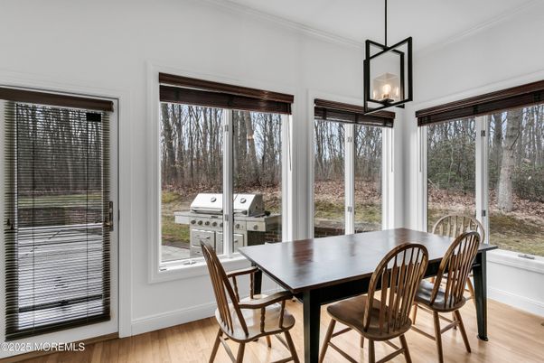 Dining room, Interior, Pendant Lights, Wood Texture Flooring