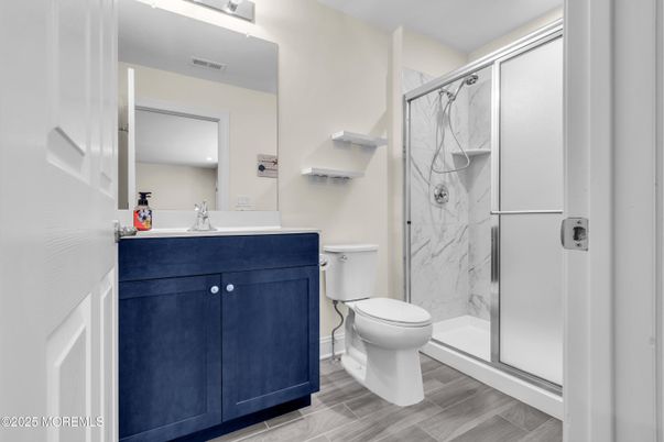 Bathroom, Glass Shower, Interior, Marble Walls, Wood Texture Flooring