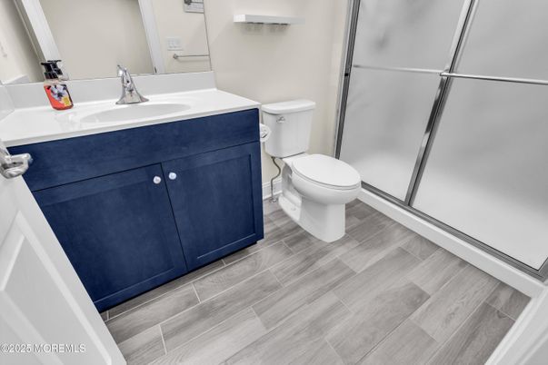 Bathroom, Glass Shower, Interior, Wood Texture Flooring