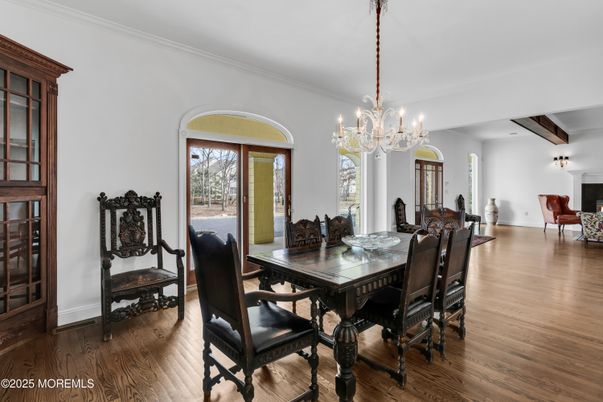 Chandelier, Dining room, Interior, Wooden Beams, Wood Texture Flooring