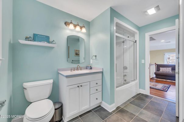 Bathroom, Glass Shower, Interior, Recessed Lighting, Wood Texture Flooring
