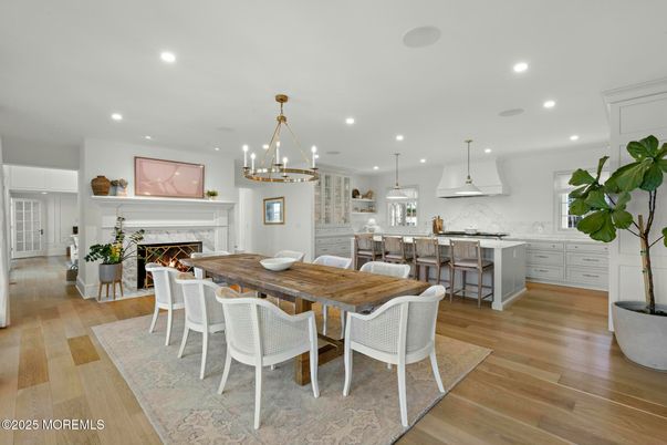 Dining room, Fireplace, Interior, Kitchen, Pendant Lights, Recessed Lighting, Wood Texture Flooring