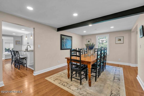 Dining room, Interior, Kitchen, Pendant Lights, Recessed Lighting, Wooden Beams, Wood Texture Flooring