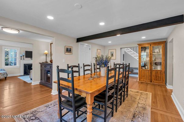 Dining room, Fireplace, Interior, Recessed Lighting, Wooden Beams, Wood Texture Flooring