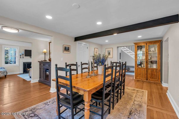 Dining room, Fireplace, Interior, Recessed Lighting, Wooden Beams, Wood Texture Flooring