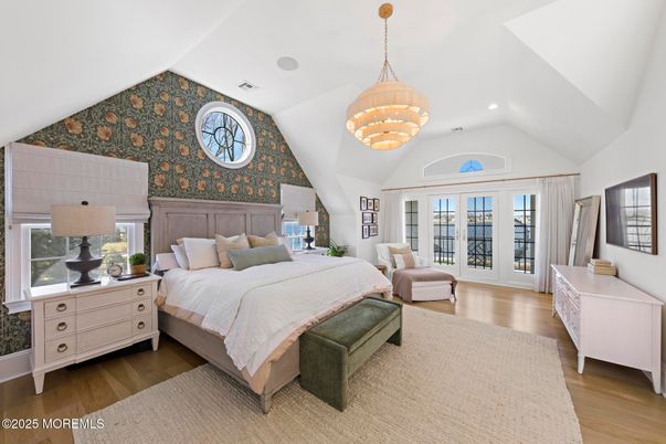 Bedroom, Chandelier, Interior, Pendant Lights, Recessed Lighting, Wood Texture Flooring