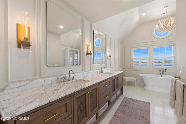 Bathroom, Dual Sink Vanities, Free Standing Baths, Interior, Marble, Pendant Lights, Recessed Lighting