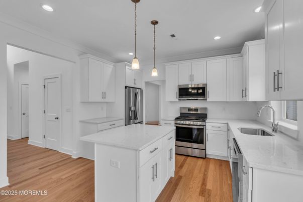 Interior, Kitchen, Pendant Lights, Recessed Lighting, Stainless Steel Appliances, Wood Texture Flooring