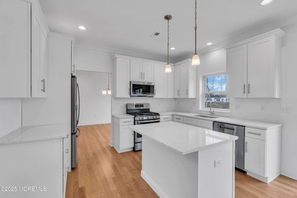Interior, Kitchen, Pendant Lights, Recessed Lighting, Stainless Steel Appliances, Wood Texture Flooring