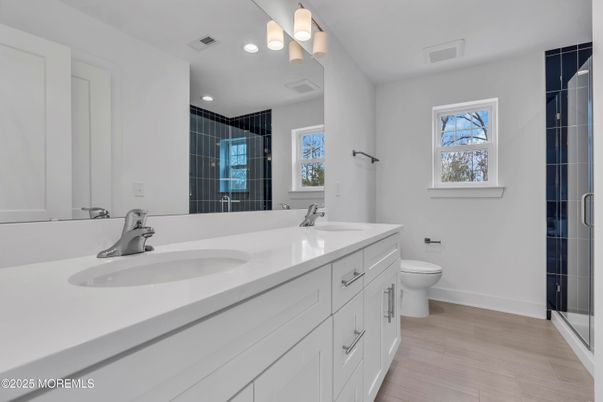 Bathroom, Dual Sink Vanities, Interior, Recessed Lighting, Wood Texture Flooring