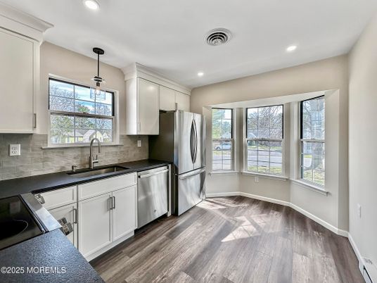 Interior, Kitchen, Pendant Lights, Recessed Lighting, Wood Texture Flooring