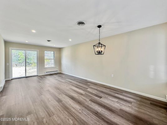 Empty room, Interior, Pendant Lights, Recessed Lighting, Wood Texture Flooring