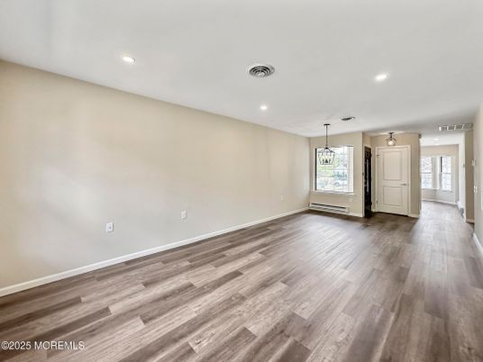 Empty room, Interior, Pendant Lights, Recessed Lighting, Wood Texture Flooring