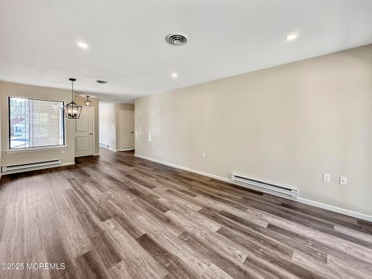 Empty room, Interior, Pendant Lights, Recessed Lighting, Wood Texture Flooring