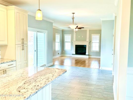 Fireplace, Interior, Pendant Lights, Wood Texture Flooring