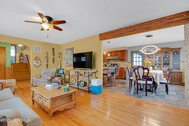 Dining room, Interior, Kitchen, Living room, Pendant Lights, Wood Texture Flooring