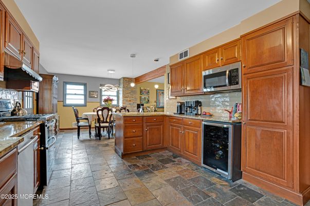 Dining room, Interior, Kitchen, Pendant Lights, Stone Walls