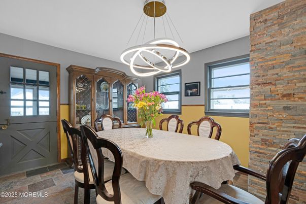 Dining room, Interior, Pendant Lights, Stone Walls