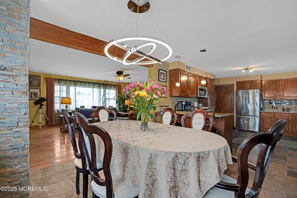 Dining room, Interior, Kitchen, Pendant Lights, Stone Walls, Wood Texture Flooring